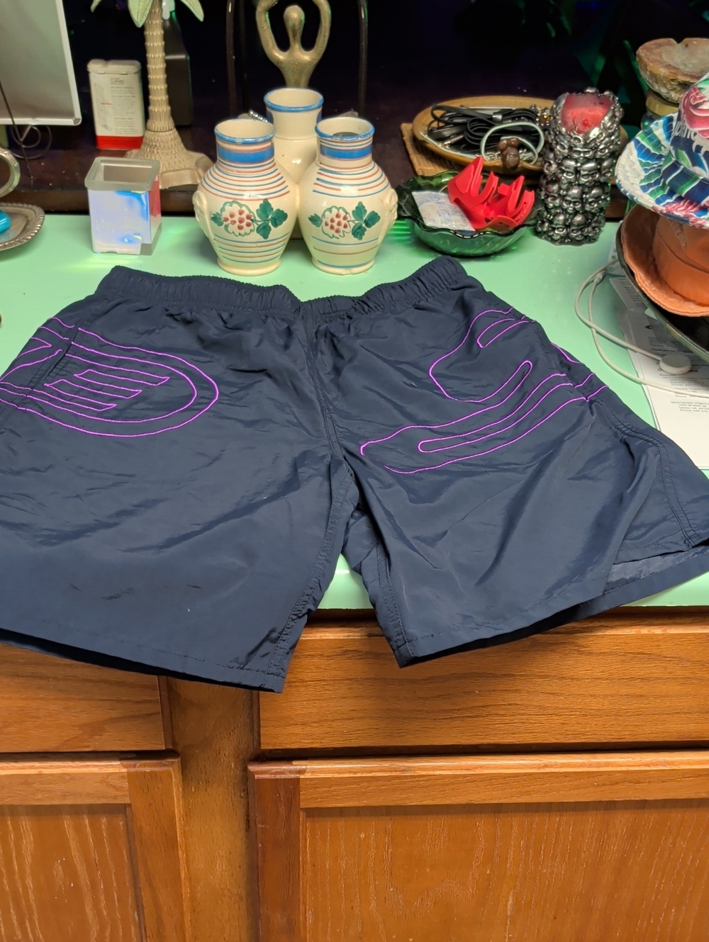 Supreme Navy Shorts with Purple Logo Accents